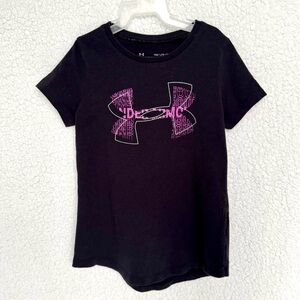 EUC girls Under Armour Heat Gear black short-sleeve tee, pink logo front & back